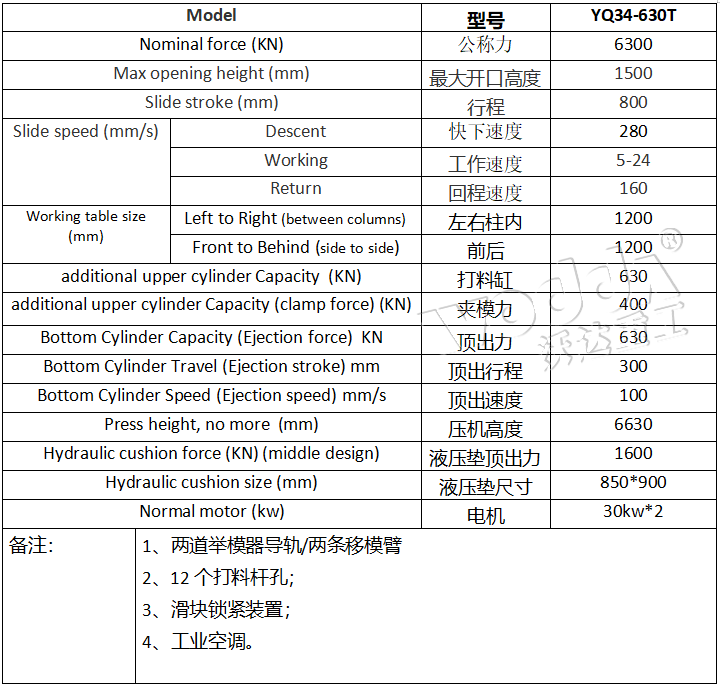 630噸框架式液壓機參數(shù)